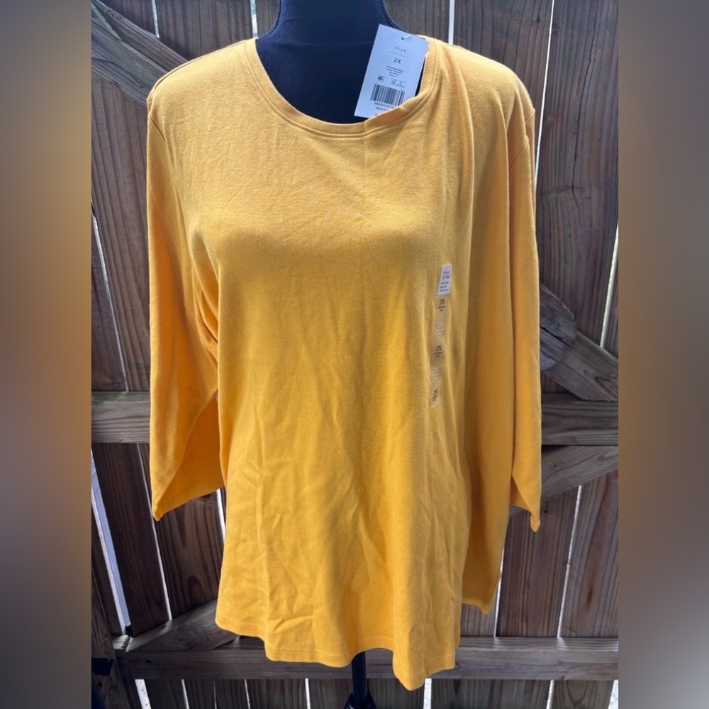New Kim Rogers Yellow Cotton Perfectly Soft 3/4 Sleeve Tee Size 2X